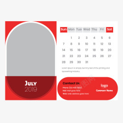 红白色2019年7月日历矢量图素材