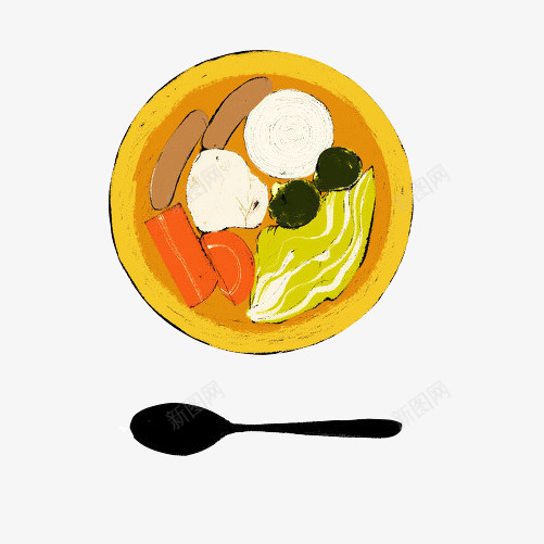 汤饭手绘画片psd免抠素材_88icon https://88icon.com 手绘美食 汤饭 特色美食 黑色勺子