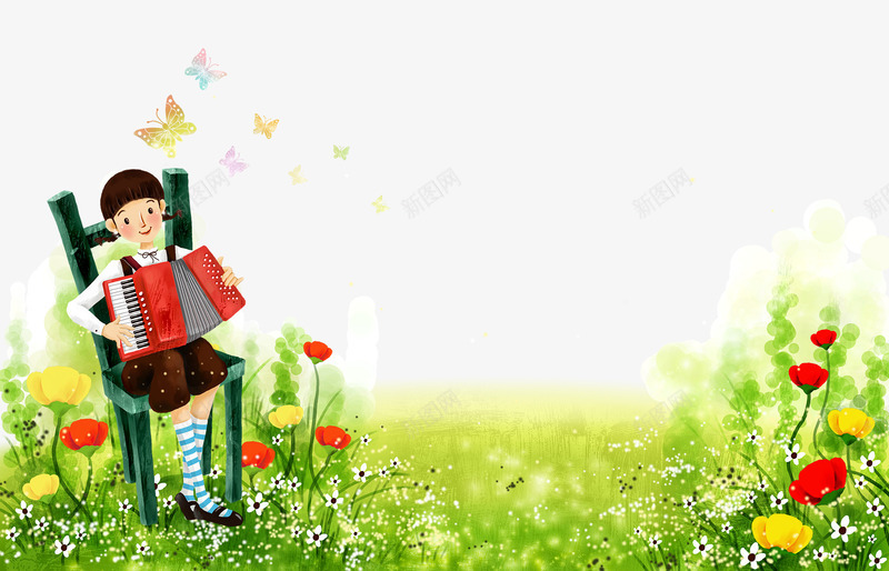 花丛中拉手风琴女孩png免抠素材_88icon https://88icon.com 卡通 女孩 户外 手绘 拉手风琴 花丛中 花朵