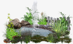 池塘木栅栏喷泉素材