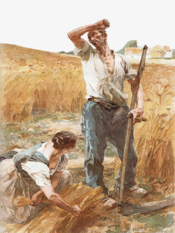 收麦油画收麦子劳作的农民高清图片