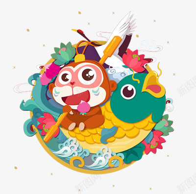 家纺卡通猴子鲤鱼装饰元素png免抠素材_88icon https://88icon.com 卡通猴子 家纺 家纺卡通猴子鲤鱼装饰元素 装饰元素 鲤鱼