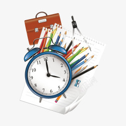 笔包学习用品和时钟高清图片