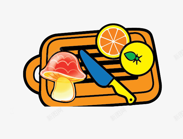 厨房的美食png免抠素材_88icon https://88icon.com 卡通 橘子 水果刀 菜板 蘑菇