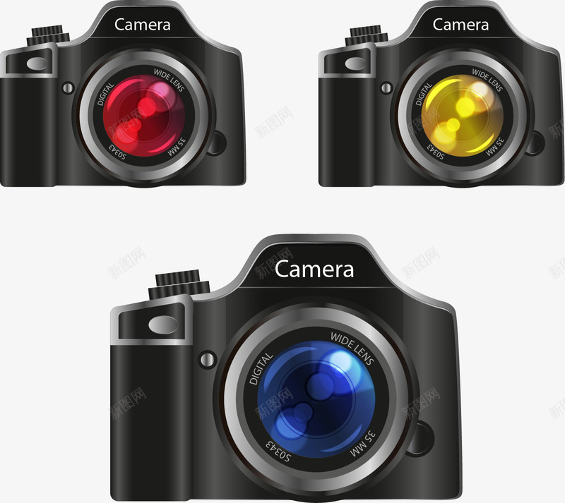 手绘三个黑色照相机png免抠素材_88icon https://88icon.com 佳能相机 写实 手绘 装饰 镜头 黑色照相机