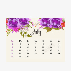 2018年7月花朵日历矢量图素材