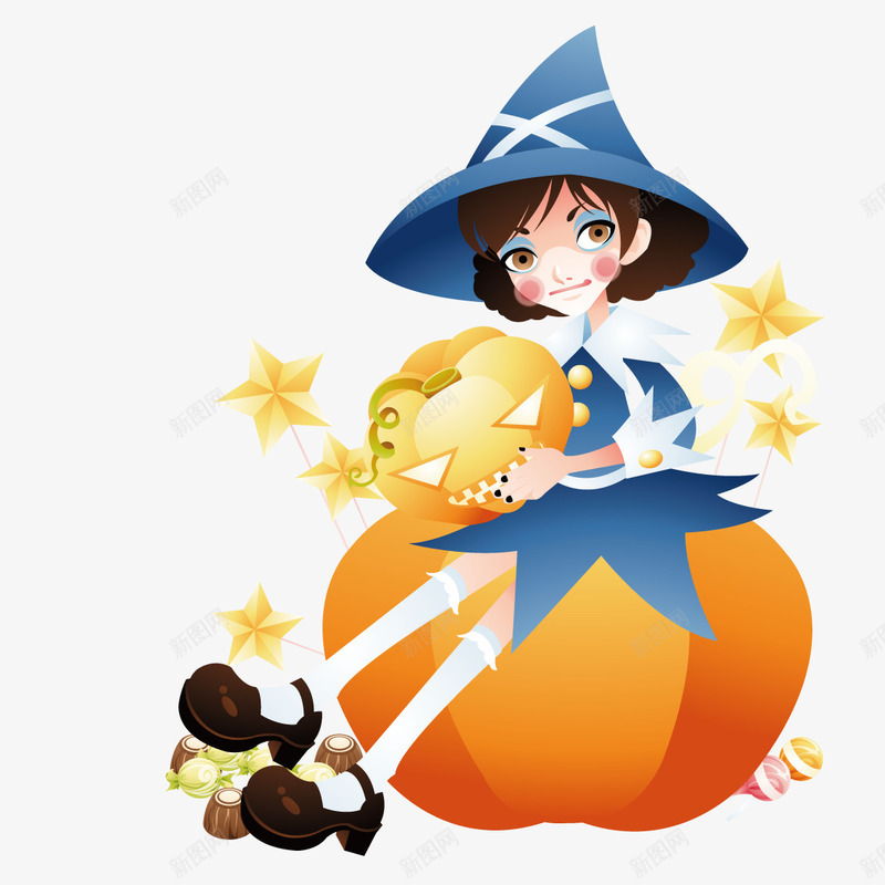 坐在南瓜上的小魔女矢量图ai免抠素材_88icon https://88icon.com 五角星 南瓜 小魔女 矢量图