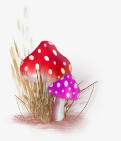 红色卡通蘑菇草丛装饰图案素材