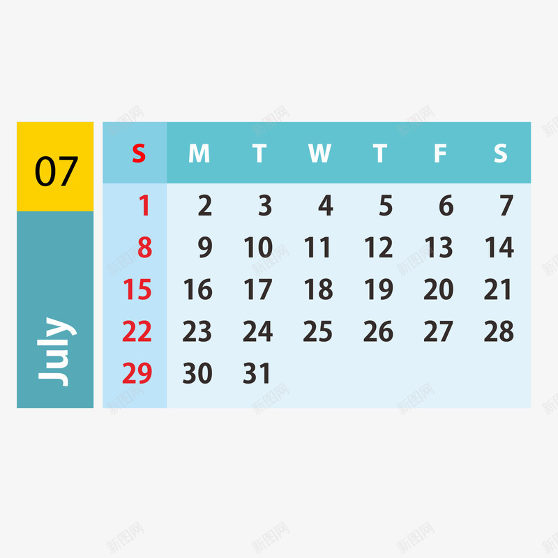 蓝黄色2019年7月日历矢量图ai免抠素材_88icon https://88icon.com 2019年 7月 7月日历 红色 蓝色 黄色 黑色 矢量图