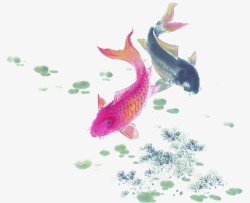 粉色黑色鲤鱼水墨画中秋素材