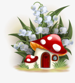 卡通铃铛花下的蘑菇屋素材