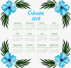 蓝色水彩花朵装饰日历模板素材