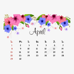红蓝色花朵2018年4月日历矢量图素材