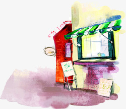 手绘街道美景人物窗户素材