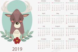 可爱驯鹿2019新年日历矢量图素材
