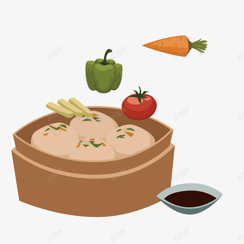 蒸笼肉包子矢量图eps免抠素材_88icon https://88icon.com 特色早点 美食街 胡萝卜 菜椒 酱汁 矢量图