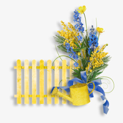 栅栏浇花水壶黄色花素材