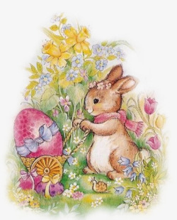 小兔子手绘小车推蛋素材