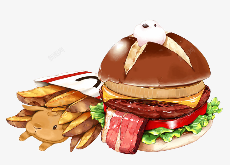 手绘薯条汉堡png免抠素材_88icon https://88icon.com 吃的 快餐 手绘 汉堡 薯条 食物