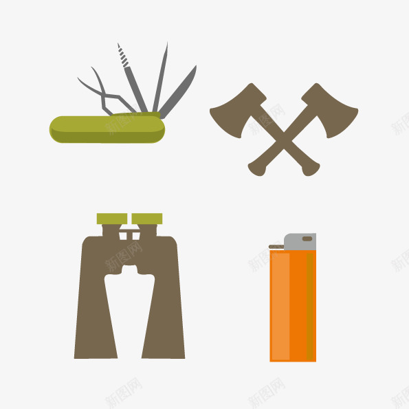 户外野外用品png免抠素材_88icon https://88icon.com 多功能刀 打火机 斧头 望远镜 矢量户外用品