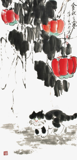 庞希泉现代国画南瓜藤叶下的猫素材