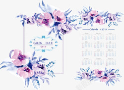 紫色手绘花朵日历模板素材