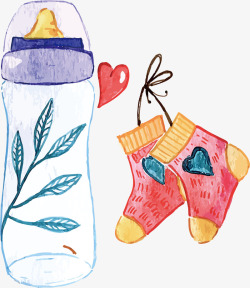 水彩水墨卡通婴儿用品奶瓶袜子素矢量图素材