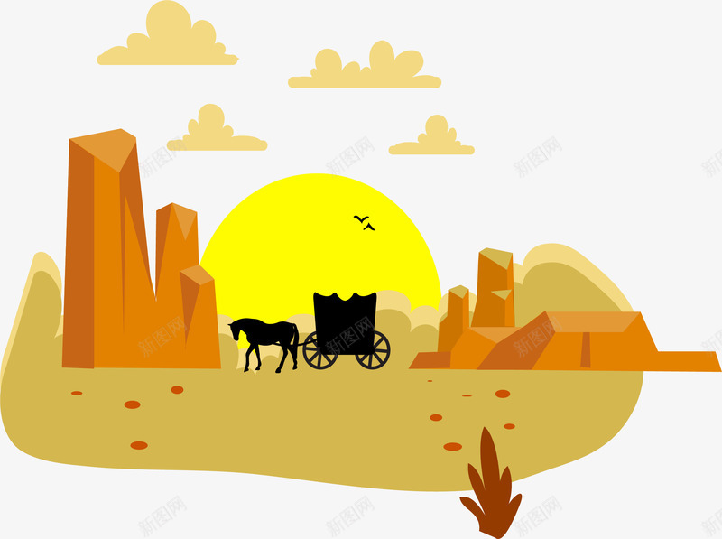 沙漠上的马车png免抠素材_88icon https://88icon.com 沙漠 矢量素材 荒野 落日 马车