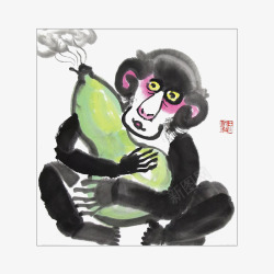 中国风水墨报葫芦的猴子插画素材