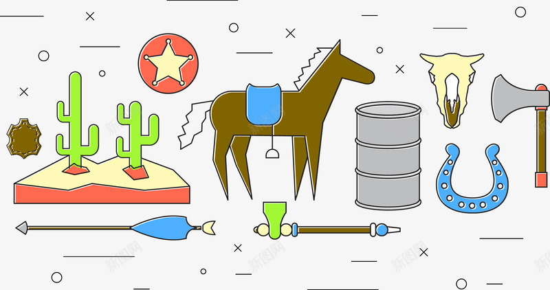 沙漠骏马矢量图eps免抠素材_88icon https://88icon.com 五角星 仙人掌 水分 铁桶 骏马 矢量图