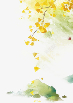 金黄树叶飘落水彩画素材