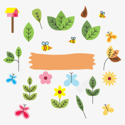 树叶花朵蝴蝶和蜜蜂矢量图素材