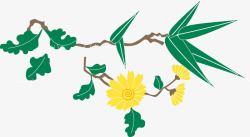 手绘植物插图树枝叶与黄花素材