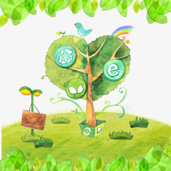 绿色手绘环保树叶树木吊牌素材