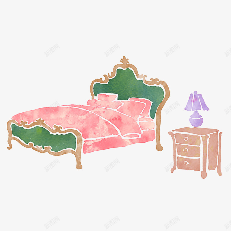 水彩绘床和床头柜png免抠素材_88icon https://88icon.com 室内设计 床头柜 床铺 彩绘 手绘 水彩