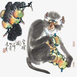 枇杷图片下载中国风水墨画猿猴抱着枇杷插画免高清图片