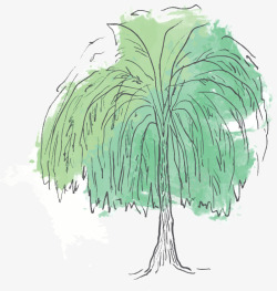 水彩手绘绿色柳树矢量图素材