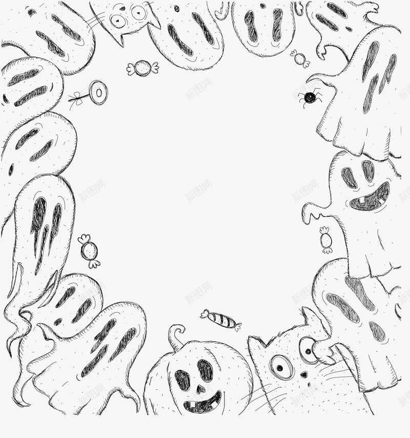 手绘风幽灵的边框矢量图ai免抠素材_88icon https://88icon.com 万圣节 幽灵 幽灵边框 恐怖幽灵 手绘幽灵 手绘的鬼魂 矢量png 矢量图