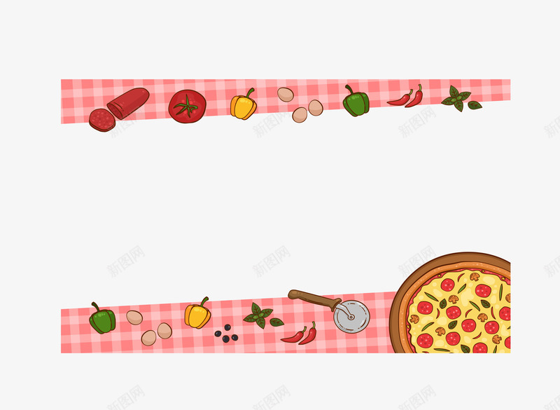 粉色桌布披萨装饰框矢量图eps免抠素材_88icon https://88icon.com 披萨食材 披萨饼 矢量素材 粉色桌布 矢量图