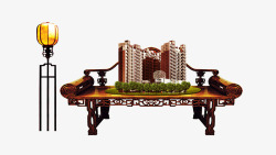 中国风复古灯八仙桌树丛高楼楼盘素材