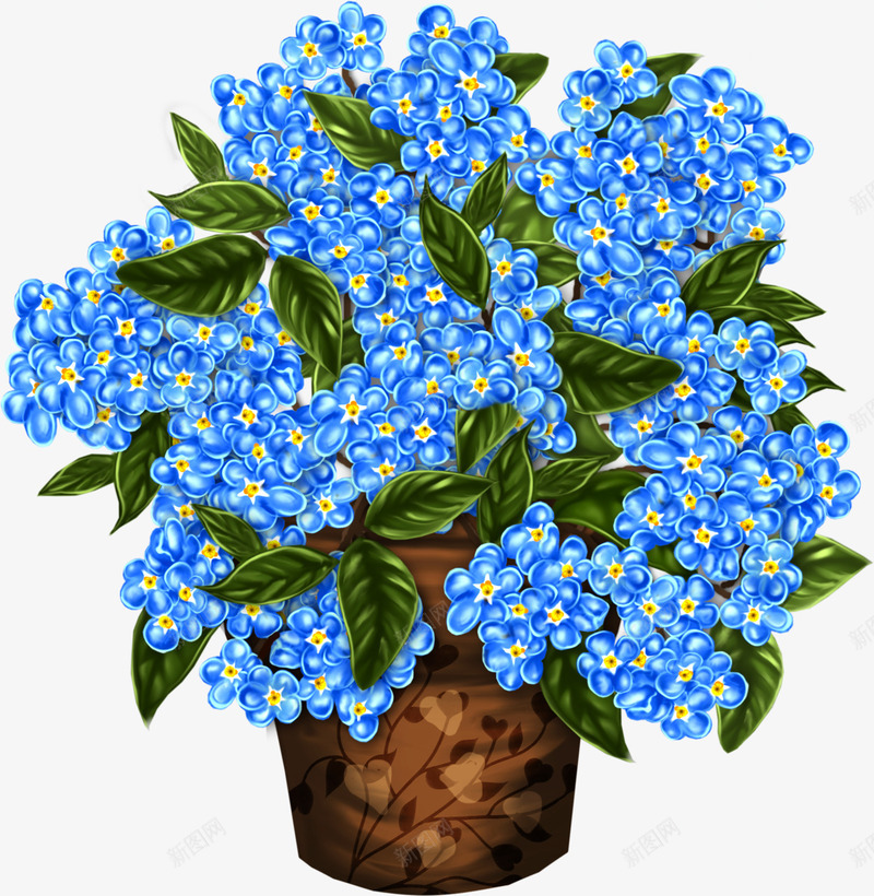 蓝色花盆png免抠素材_88icon https://88icon.com 叶子 绿叶 花叶 花盆 蓝色花朵 鲜花