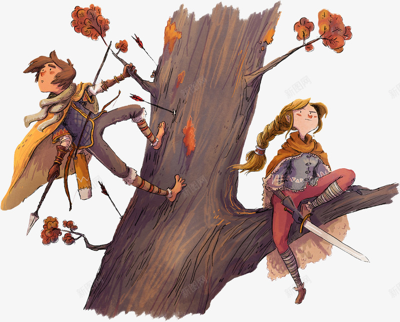 手绘在树上打猎的公主和王子png免抠素材_88icon https://88icon.com 公主王子 彩绘 打猎 爬树 王子和公主 秋