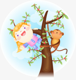 爬在树枝上的小女孩与猴子素材
