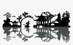 中国风水墨画园林水面倒影矢量图素材