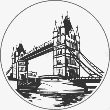 灰色桥梁手绘英国伦敦塔桥图标图标
