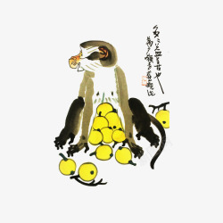 中国风水墨国画猴子和水果素材