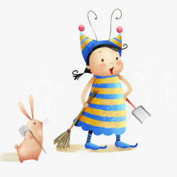 小蜜蜂打扫卫生的小男孩素材