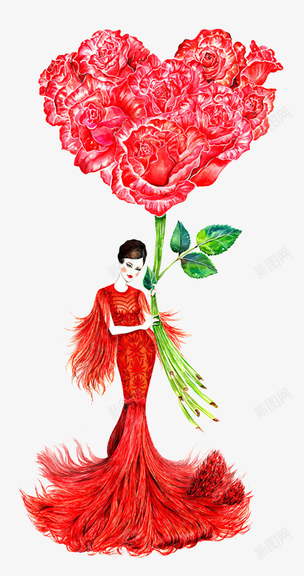玫瑰女人png免抠素材_88icon https://88icon.com 手绘 爱心 玫瑰花 红裙 美女