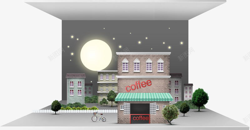 圆月前的咖啡店png免抠素材_88icon https://88icon.com 咖啡店 圆月 城市 建筑 房子 高楼