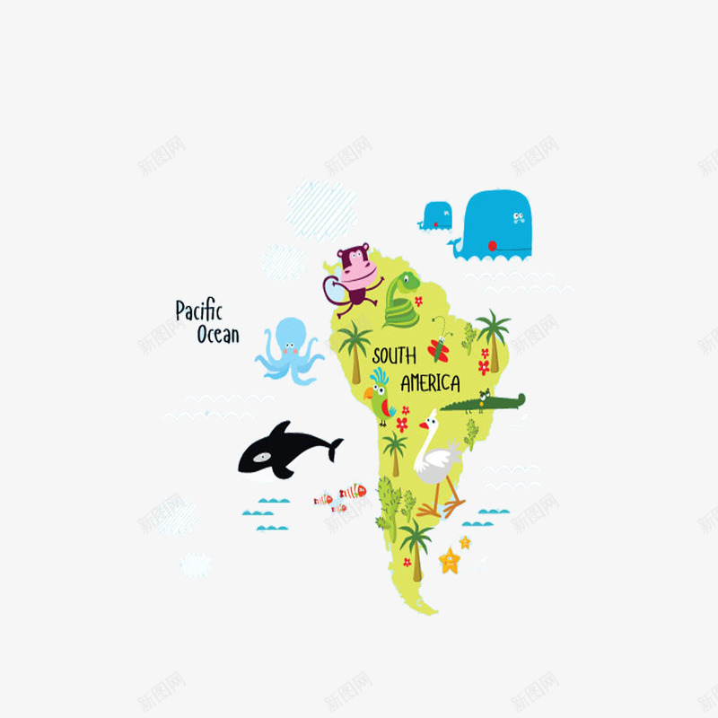 南美洲动物插画png免抠素材_88icon https://88icon.com 卡通蛇 卡通鲸 卡通鹦鹉 章鱼